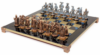 Knights Theme Chess Set Antiqued Blue Copper & Copper Pieces - Blue Board