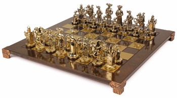 Knights Theme Chess Set Brass & Nickel Pieces - Brown Board