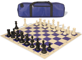 Conqueror Carry-All Plastic Chess Set Black & Ivory Pieces with Vinyl Rollup Board - Blue