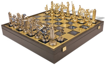 Large Poseidon Theme Chess Set Brass & Nickel Pieces with Blue Board on Case