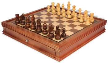 German Knight Staunton Chess Set Golden Rosewood & Boxwood Pieces with Walnut Chess Case - 3.25" King