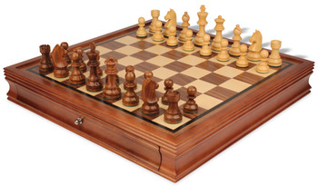 German Knight Staunton Chess Set Golden Rosewood & Boxwood Pieces with Walnut Chess Case - 3.75" King