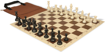 Standard Club Easy-Carry Plastic Chess Set Black & Ivory Pieces with Vinyl Rollup Board - Brown