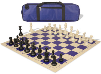 Standard Club Carry-All Plastic Chess Set Black & Ivory Pieces with Vinyl Rollup Board - Blue