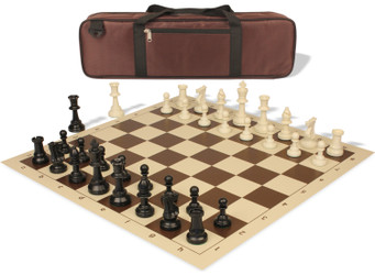 Standard Club Carry-All Plastic Chess Set Black & Ivory Pieces with Vinyl Rollup Board - Brown