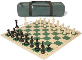 Standard Club Carry-All Plastic Chess Set Black & Ivory Pieces with Vinyl Rollup Board - Green