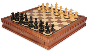 Fierce Knight Staunton Chess Set Ebonized & Boxwood Pieces With Walnut Chess Case - 3.5" King