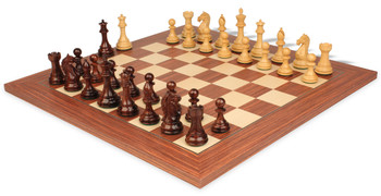 Fierce Knight Staunton Chess Set In Rosewood & Boxwood With Rosewood & Maple Deluxe Chess Board - 4" King
