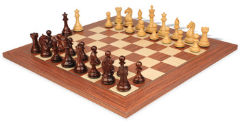 Fierce Knight Staunton Chess Set In Rosewood & Boxwood With Rosewood & Maple Deluxe Chess Board - 3" King