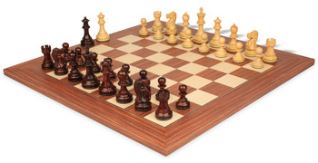 Deluxe Old Club Staunton Chess Set in Rosewood Boxwood with Rosewood Maple Deluxe Chess Board 375 King