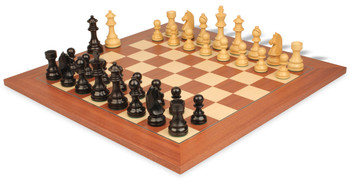 German Knight Staunton Chess Set in Ebonized Boxwood with Mahogany & Maple Deluxe Chess Board - 3.75" King