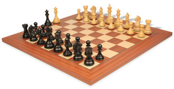 Fierce Knight Staunton Chess Set In Ebonized & Boxwood With Mahogany & Maple Deluxe Chess Board - 3.5" King