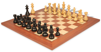 French Lardy Staunton Chess Set In Ebonized Boxwood & Boxwood With Mahogany & Maple Deluxe Chess Board - 3.75" King