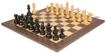 French Lardy Staunton Chess Set Ebonized & Boxwood Pieces With Tiger Ebony Deluxe Chess Board - 2.75" King