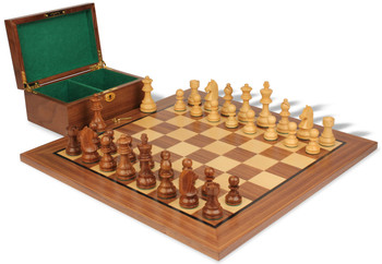 German Knight Staunton Chess Set Golden Rosewood & Boxwood Pieces with Classic Walnut Board & Box - 3.25" King