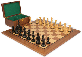 Fierce Knight Staunton Chess Set Ebonized & Boxwood Pieces With Walnut Board & Box - 3.5" King