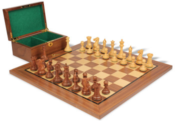 New Exclusive Staunton Chess Set Golden Rosewood & Boxwood Pieces with Classic Walnut Board & Box - 3" King