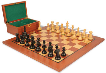 New Exclusive Staunton Chess Set Ebonized & Boxwood Pieces with Classic Mahogany Board & Box - 3.5" King