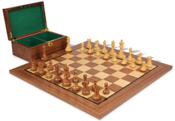 British Staunton Chess Set In Golden Rosewood & Boxwood With Walnut Board & Box - 3.5" King