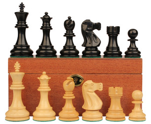 Deluxe Old Club Staunton Chess Set Ebony & Boxwood Pieces With Mahogany Board & Box - 3.75" King