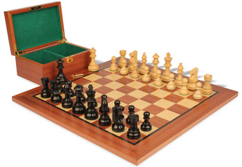 French Lardy Staunton Chess Set Ebonized & Boxwood Pieces With Mahogany Board & Box - 3.75" King