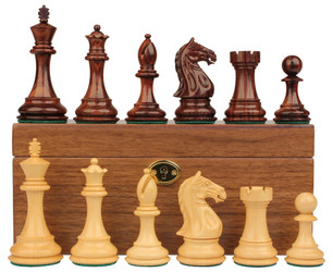 Fierce Knight Staunton Chess Set In Rosewood & Boxwood With Walnut Board & Box - 4" King