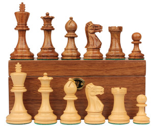 Parker Staunton Chess Set In Golden Rosewood & Boxwood With Walnut Board & Box - 3.75" King