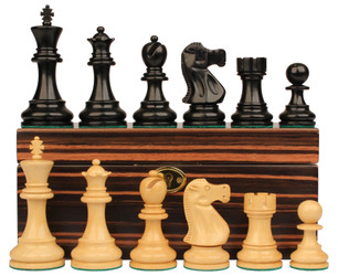 Deluxe Old Club Staunton Chess Set Ebony & Boxwood Pieces With Macassar Ebony Chess Box - 3.25" King