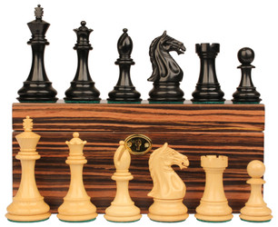 Fierce Knight Staunton Chess Set Ebonized & Boxwood Pieces With Macassar Ebony Chess Box - 4" King