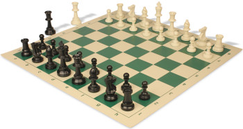 Standard Club Triple Weighted Plastic Chess Set Black & Ivory Pieces with Vinyl Rollup Board - Green