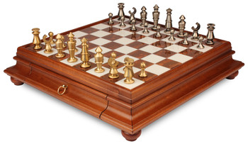 Contemporary Brass Chess Set With Elm Burl Single Drawer Chess Case