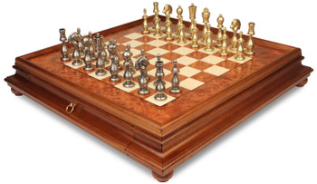 Large Arabesque Contemporary Staunton Metal Chess Set with Elm Burl Chess Case