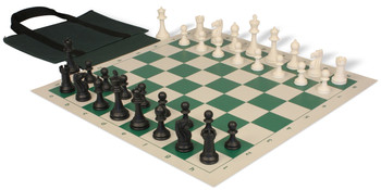 Club Tourney Easy Carry Plastic Chess Set Black Ivory Pieces with Green Roll up Chess Board Bag