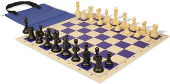 Conqueror Easy-Carry Plastic Chess Set Black & Camel Pieces with Vinyl Rollup Board - Blue