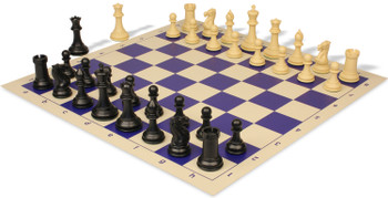 Conqueror Plastic Chess Set Black & Camel Pieces with Rollup Board - Blue