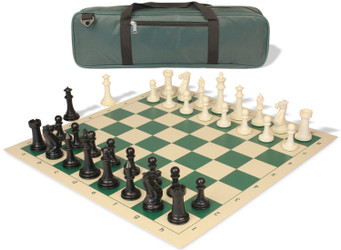 Executive Carry-All Plastic Chess Set Black & Ivory Pieces with Vinyl Rollup Board - Green