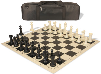 Executive Carry-All Plastic Chess Set Black & Ivory Pieces with Vinyl Rollup Board & Bag - Black