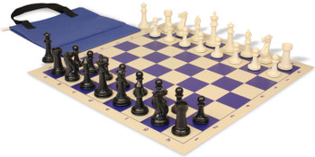 Executive Easy-Carry Plastic Chess Set Black & Ivory Pieces with Vinyl Rollup Board - Blue