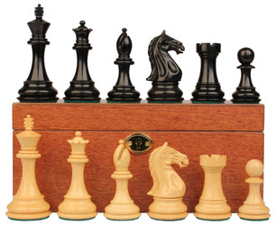 Fierce Knight Staunton Chess Set Ebony & Boxwood Pieces With Mahogany Chess Box - 3.5" King