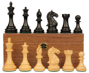 Fierce Knight Staunton Chess Set Ebony & Boxwood Pieces With Walnut Chess Box - 3.5" King