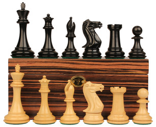 New Exclusive Staunton Chess Set Ebony & Boxwood Pieces with Macassar Ebony Chess Box  - 3" King