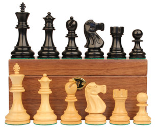 Deluxe Old Club Staunton Chess Set Ebonized & Boxwood Pieces with Walnut Chess Box - 3.75" King