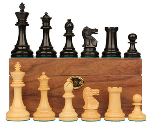 British Staunton Chess Set Ebonized Boxwood Pieces with Walnut Chess Box 4 King