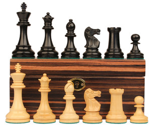 British Staunton Chess Set Ebony Boxwood Pieces with Macassar Ebony Chess Box 4 King