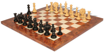 Strategos Staunton Chess Set in Ebony Boxwood with Elm Burl Erable Chess Board