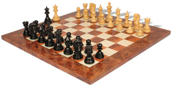 Hadrian Staunton Chess Set Ebony & Boxwood Pieces with Elm Burl & Erable Board - 4.4" King