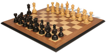 Chetak Staunton Chess Set In Ebony & Boxwood With Walnut& Maple Moulded Edge Chess Board - 4.25" King