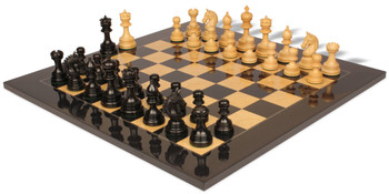 Chetak Staunton Chess Set Ebony & Boxwood Pieces With Black & Ash Burl Chess Board - 4.25" King
