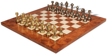 Italian Arabesque Staunton Metal Chess Set With Elm Burl Chess Board