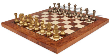 Small Staunton Metal Chess Set With Elm Burl Chess Board